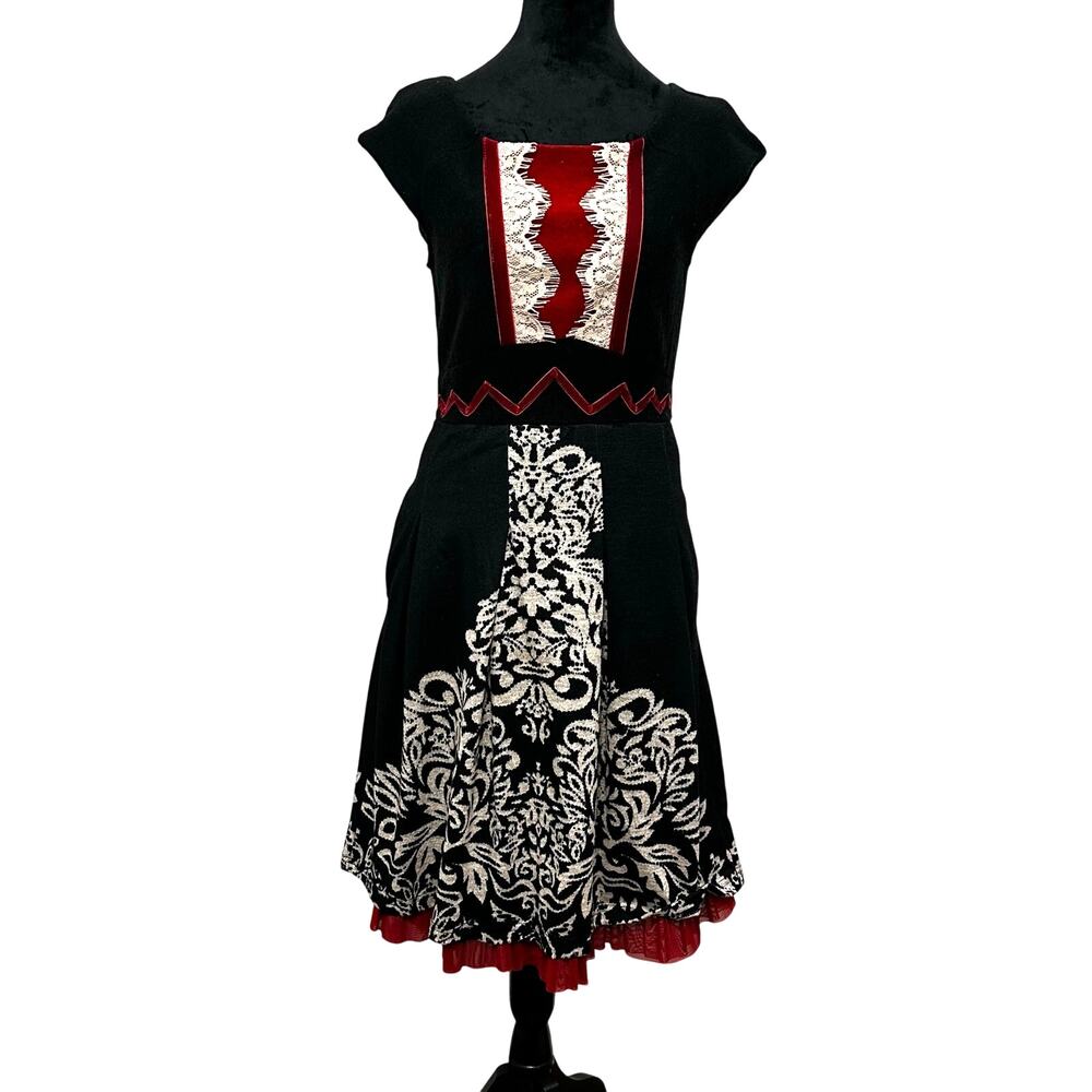 Vintage Lulu H Paris Fit Flare Dress L Black Red Lace Lagenlook Minor Flaw - Picture 1 of 13